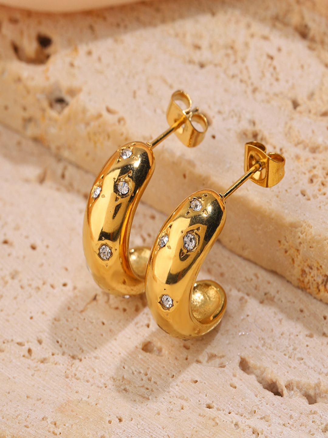 

DIVASTRI Stainless Steel Contemporary Shaped Artificial Stones Studded Half Hoop Earrings, Gold