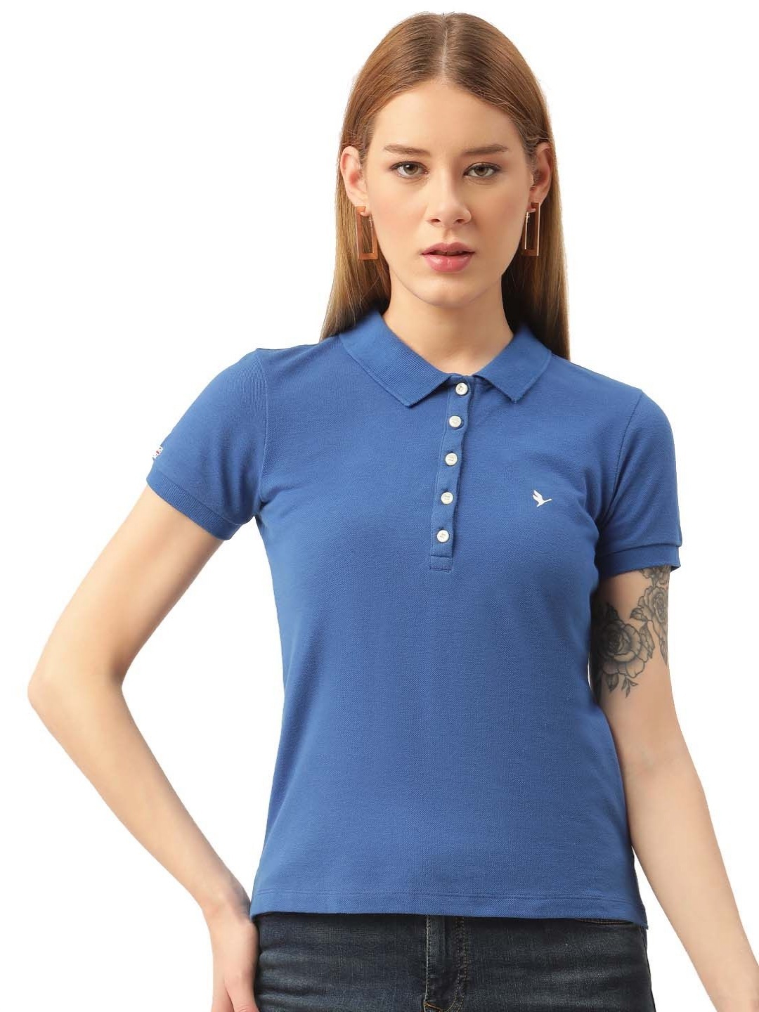 

AMSWAN Women Solid Polo Collar Cotton T-shirt, Blue