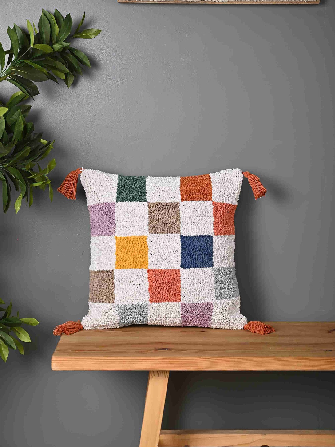 

SANSKRUTIHOMES White & Yellow Embroidered Cotton Square Cushion Cover