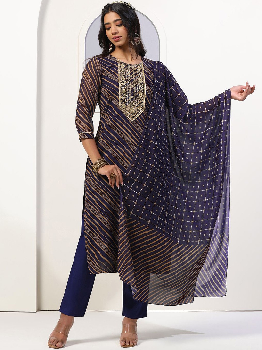 

Moda Rapido Leheriya Printed Straight Kurta With Trousers And Dupatta, Navy blue