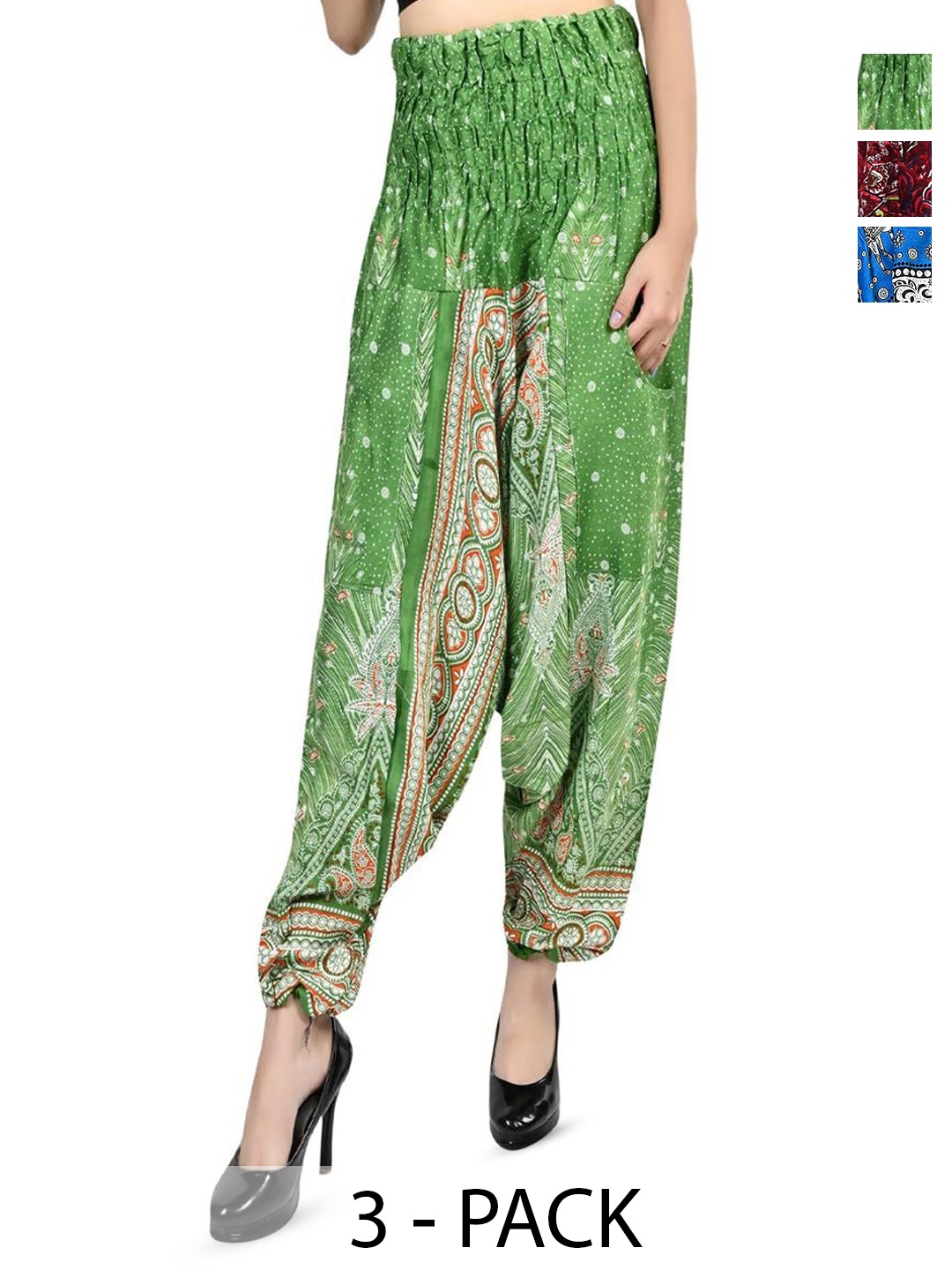 

NarNari Women Pack Of 3 Printed Harem Pants, Green