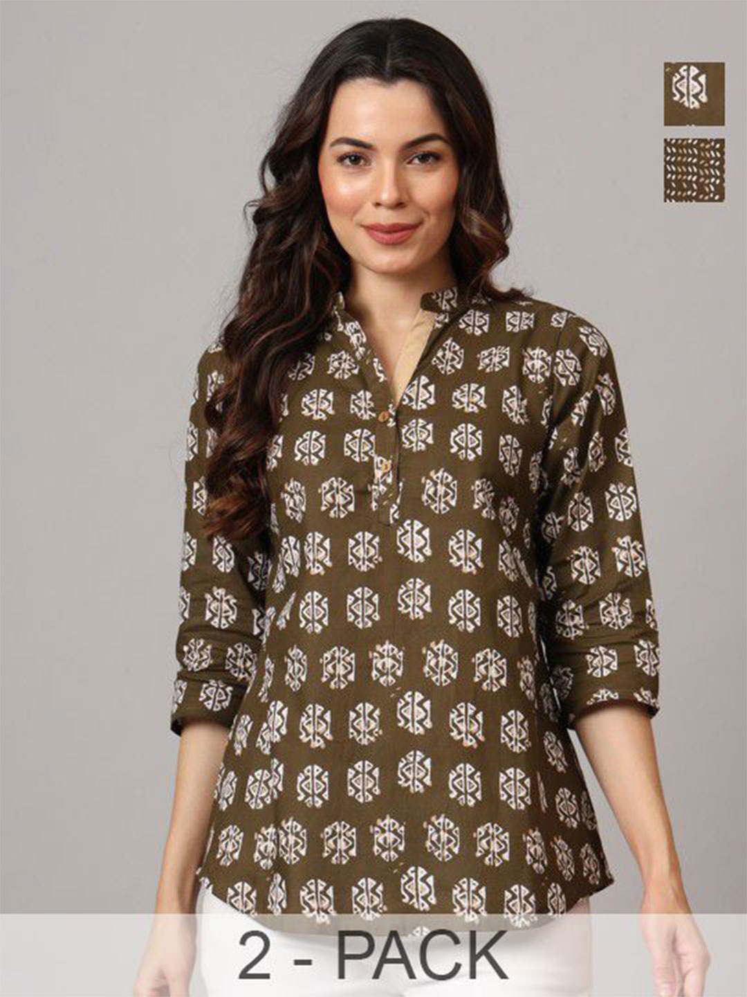 

Anouk Rustic Tribal Women Pack of 2 Printed Pure Cotton Kurti, Brown