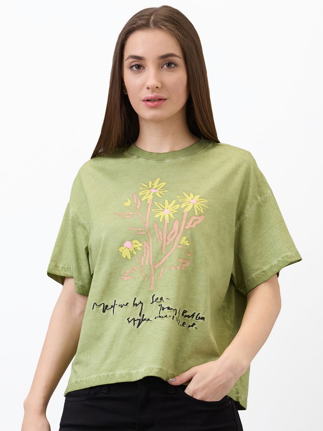 

SPYKAR Women Floral Printed Round Neck Cotton Oversized T-shirt, Olive