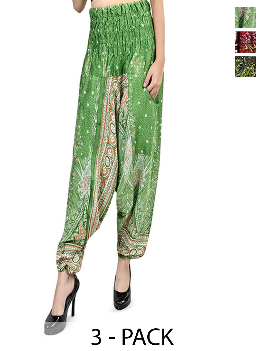 

NarNari Women Pack Of 3 Printed Mid-Rise Harem Pants, Green