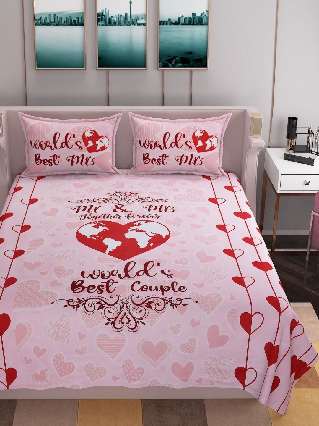 

BELVOSTUM Pink & White 250 TC King Bedsheet with 2 Pillow Covers