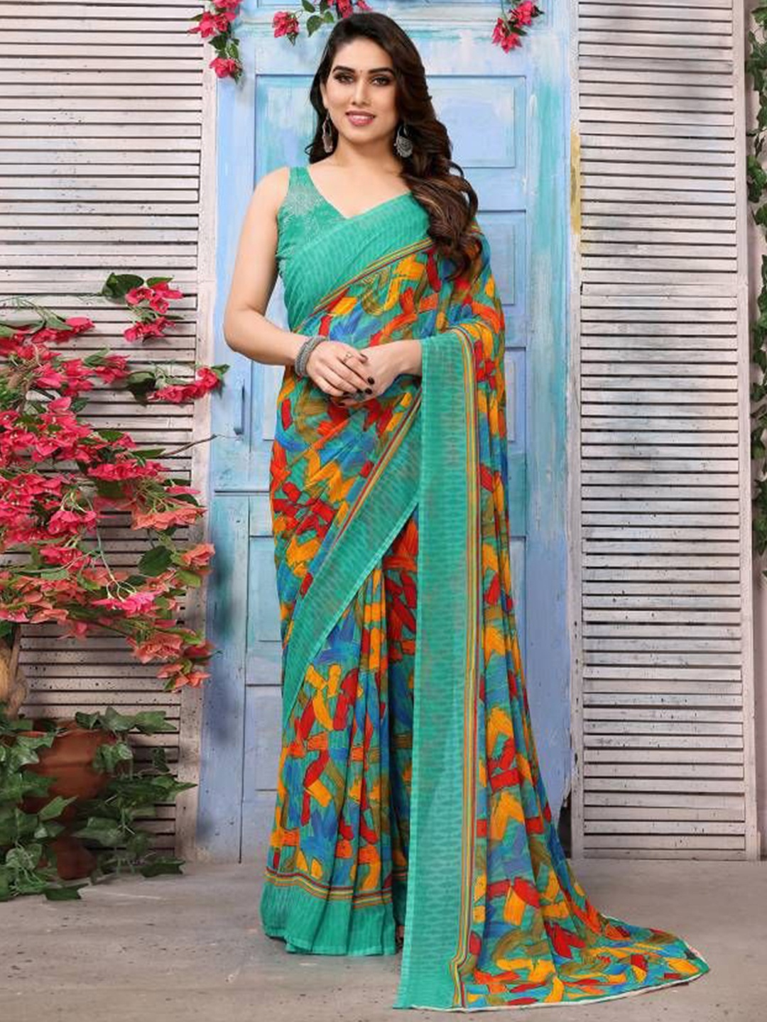 

HERE&NOW Poly Georgette Saree, Green