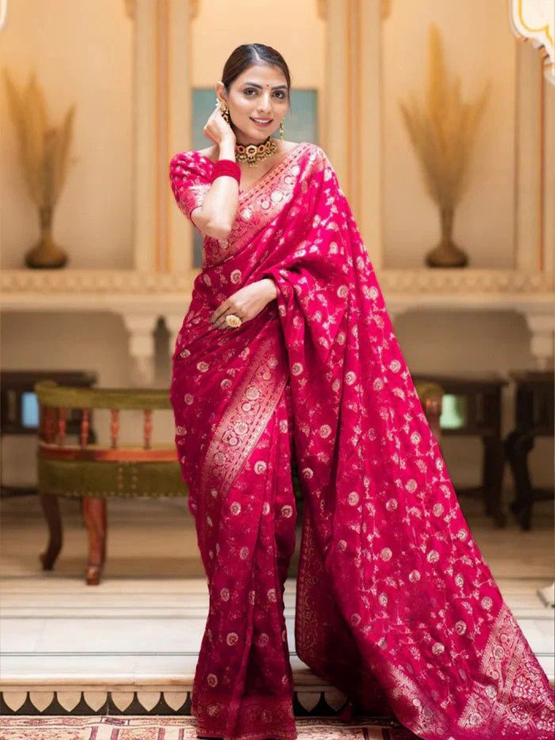 

yourwish Woven Design Zari Pure Silk Banarasi Saree, Pink