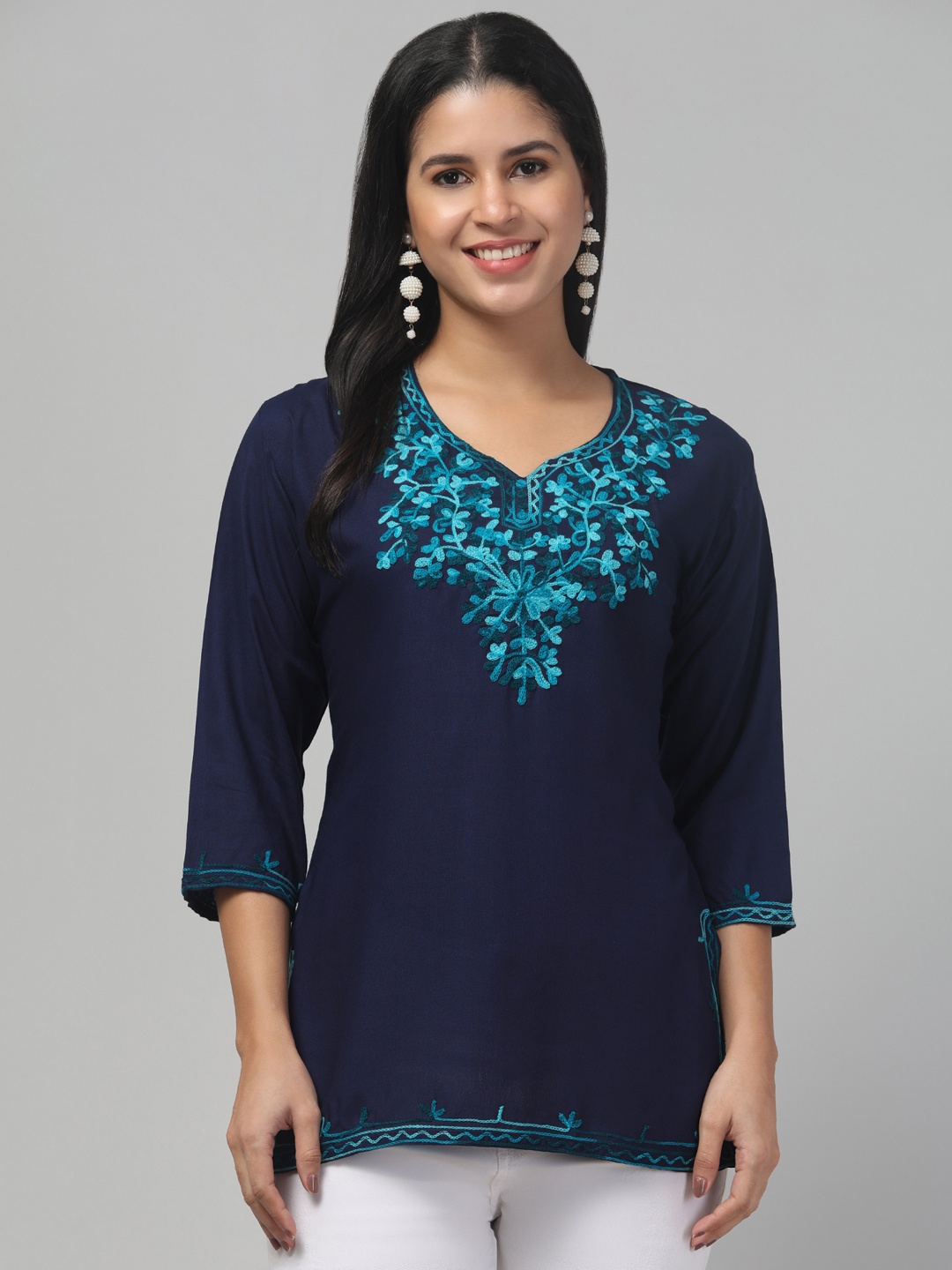 

Trend Level Floral Embroidered Kurti, Navy blue