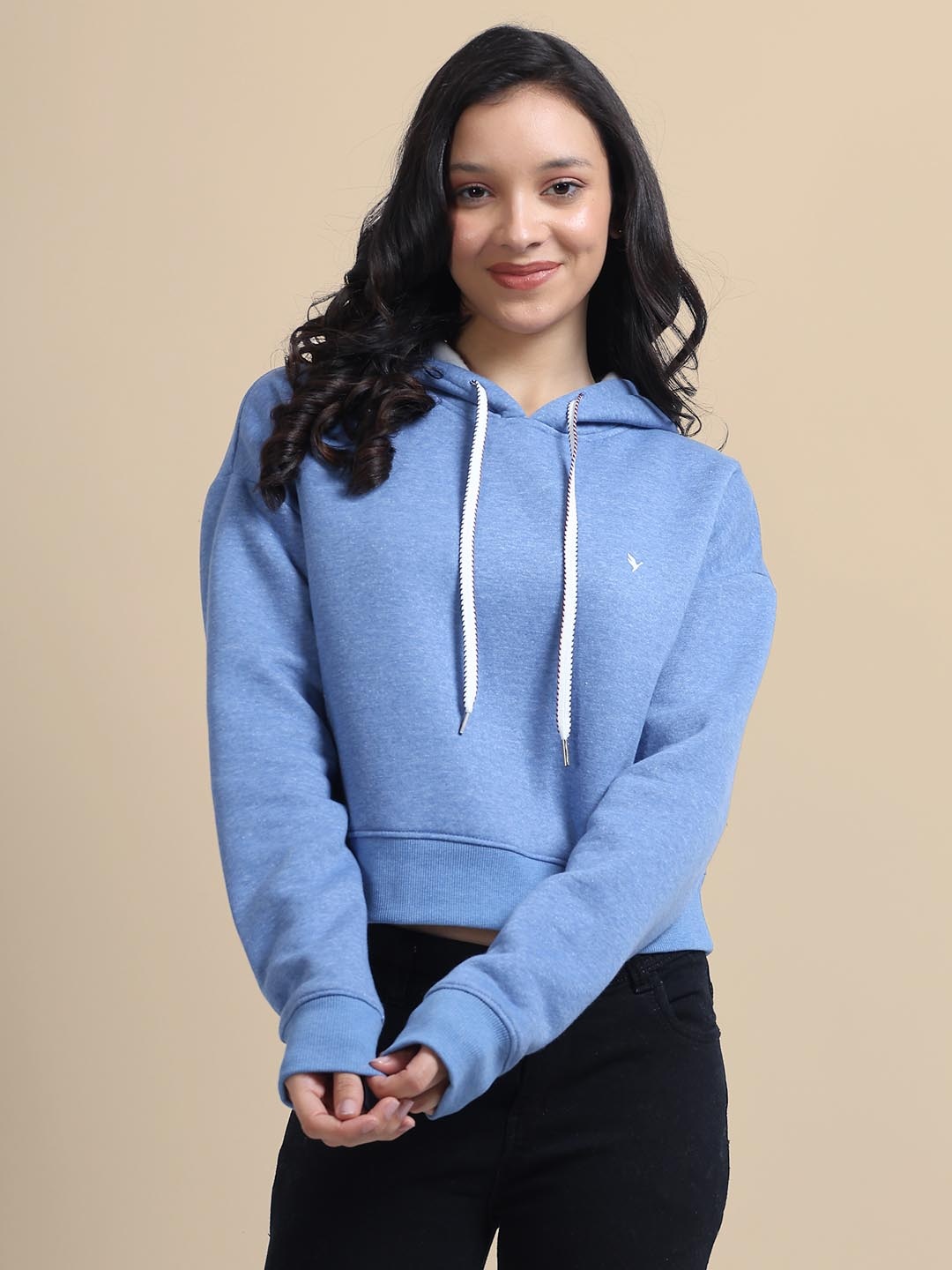 

AMSWAN Women Cotton Pullover Hooded Crop Sweatshirt, Blue