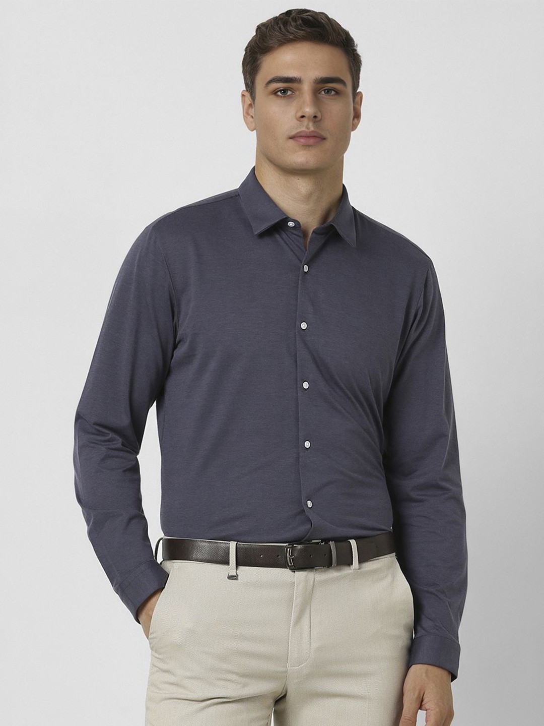 

V Dot Men Slim Fit Spread Collar Solid Cotton Formal Shirt, Grey