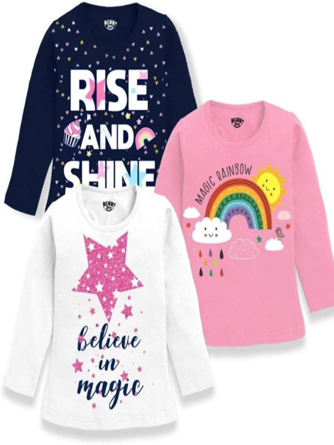 

BERRYJOY Girls Pack Of 3 Typography Printed Round Neck Cotton T-shirts, Navy blue