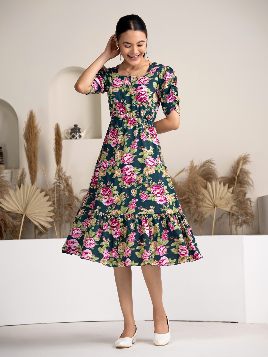 

DressBerry Floral Print Puff Sleeve Crepe Fit & Flare Dress, Green