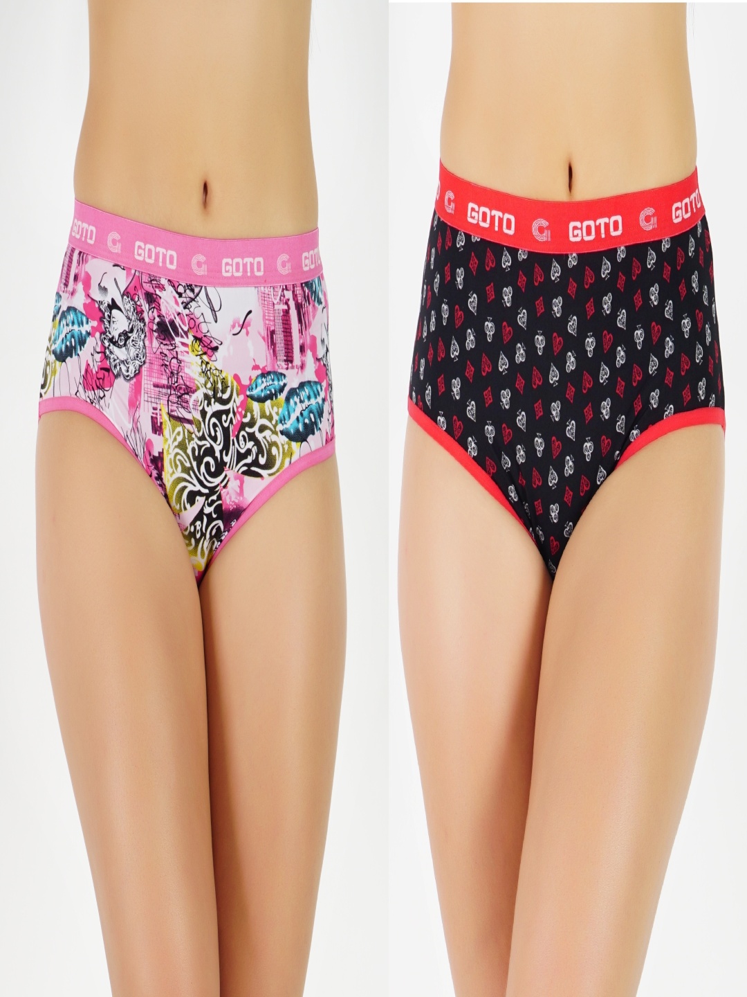 

GOTO Pack Of 2 Printed Hipster Briefs nylon print outer elastic Red-Pink 2ps