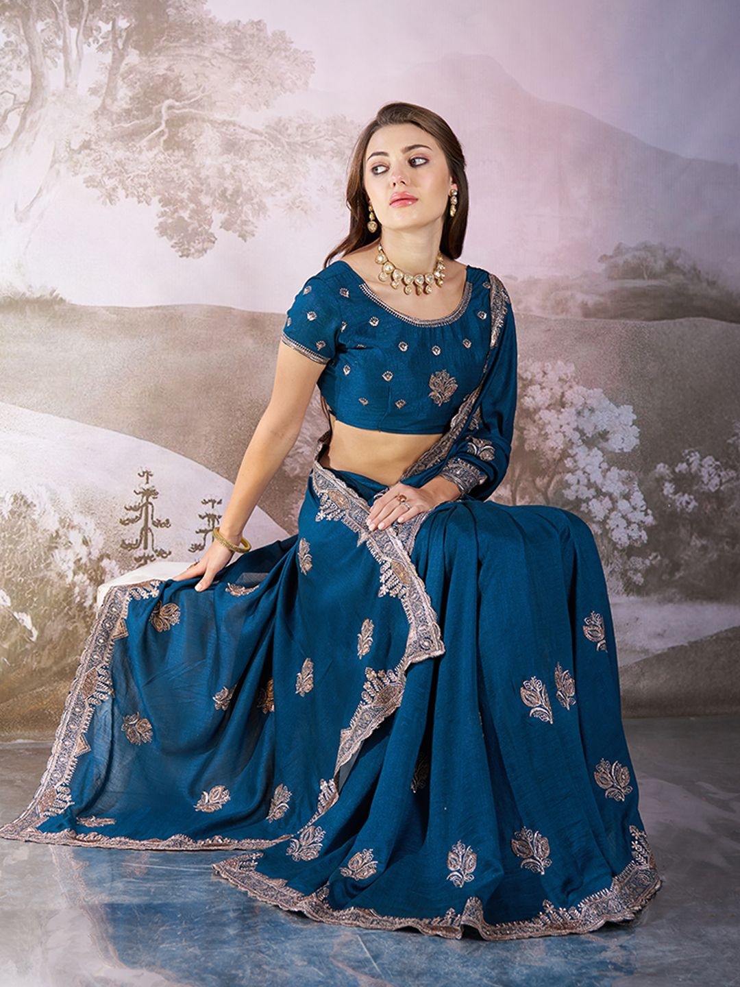 

Mitera Floral Embroidered Saree, Teal