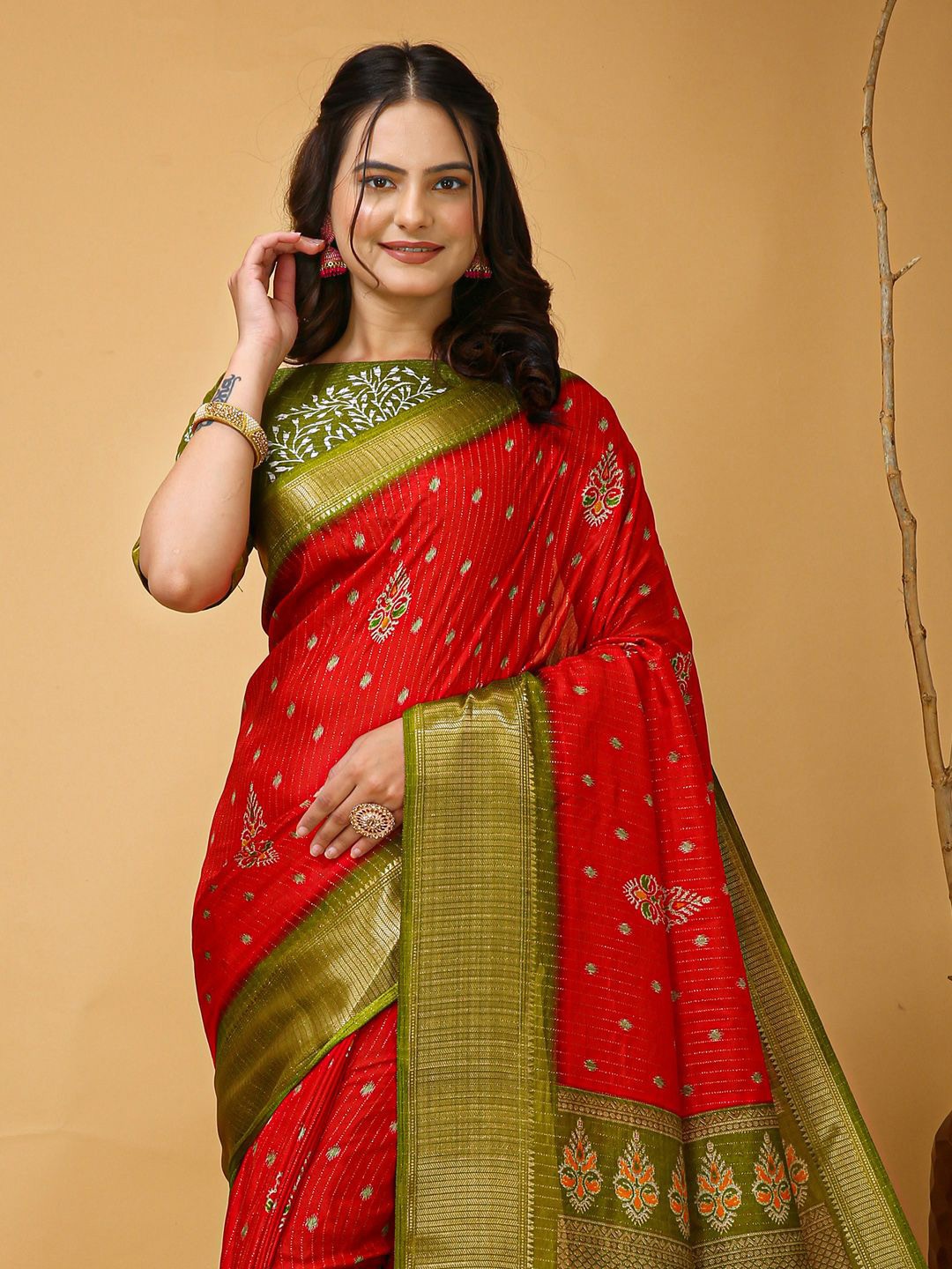 

Anouk Rustic Ethnic Motifs Zari Silk Blend Sungudi Saree, Red