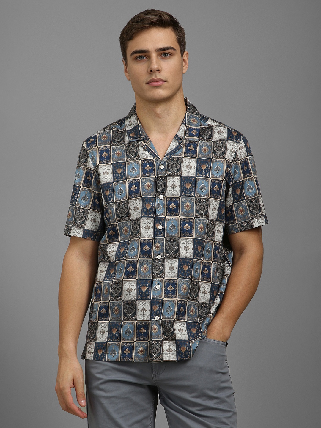 

Louis Philippe Sport Men Slim Fit Graphic Printed Casual Cotton Shirt, Blue