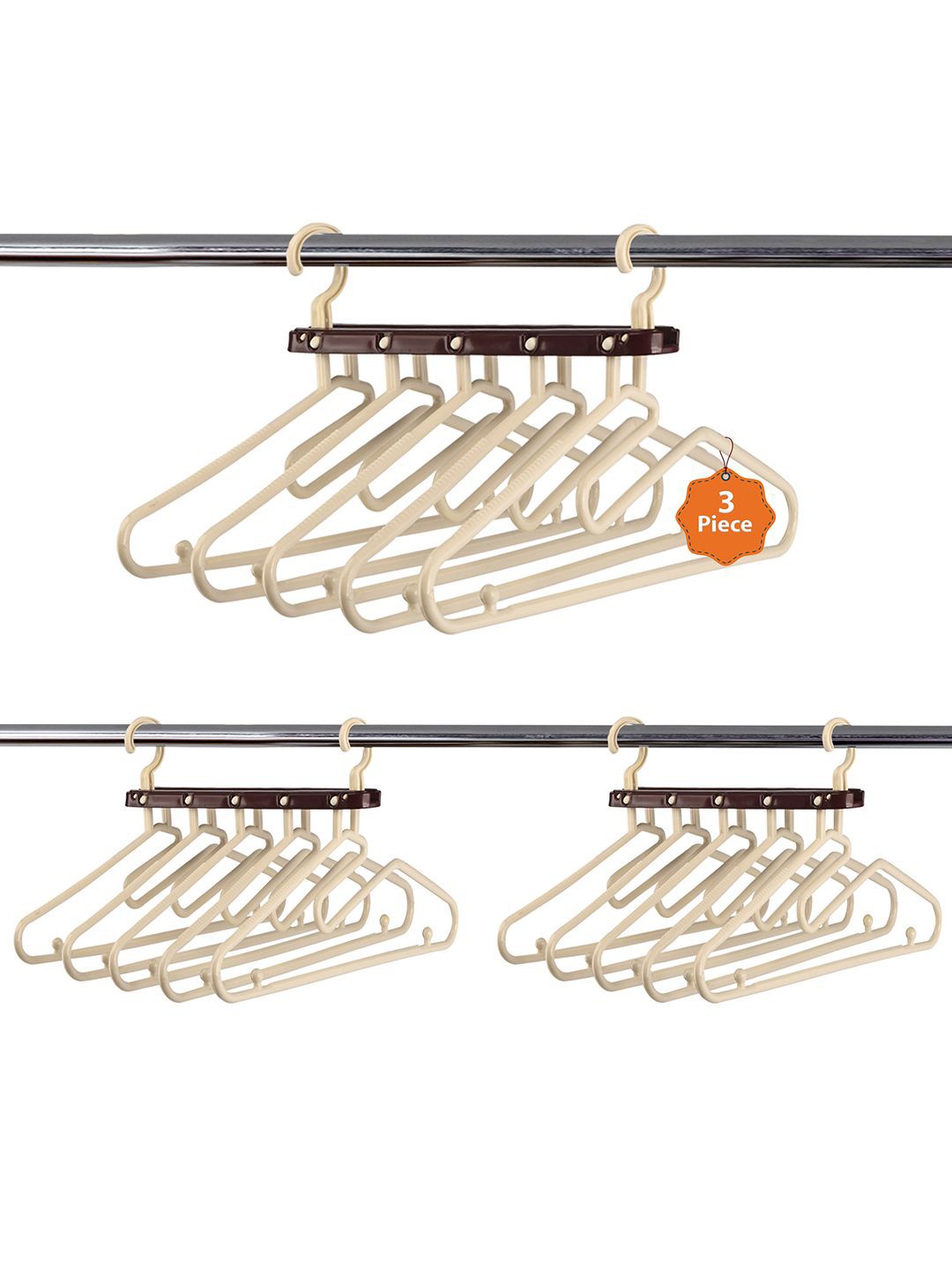 

Kuber Industries Brown & Cream-Colored Pack Of 3 Foldable 5 in 1 Hangers For Wardrobe