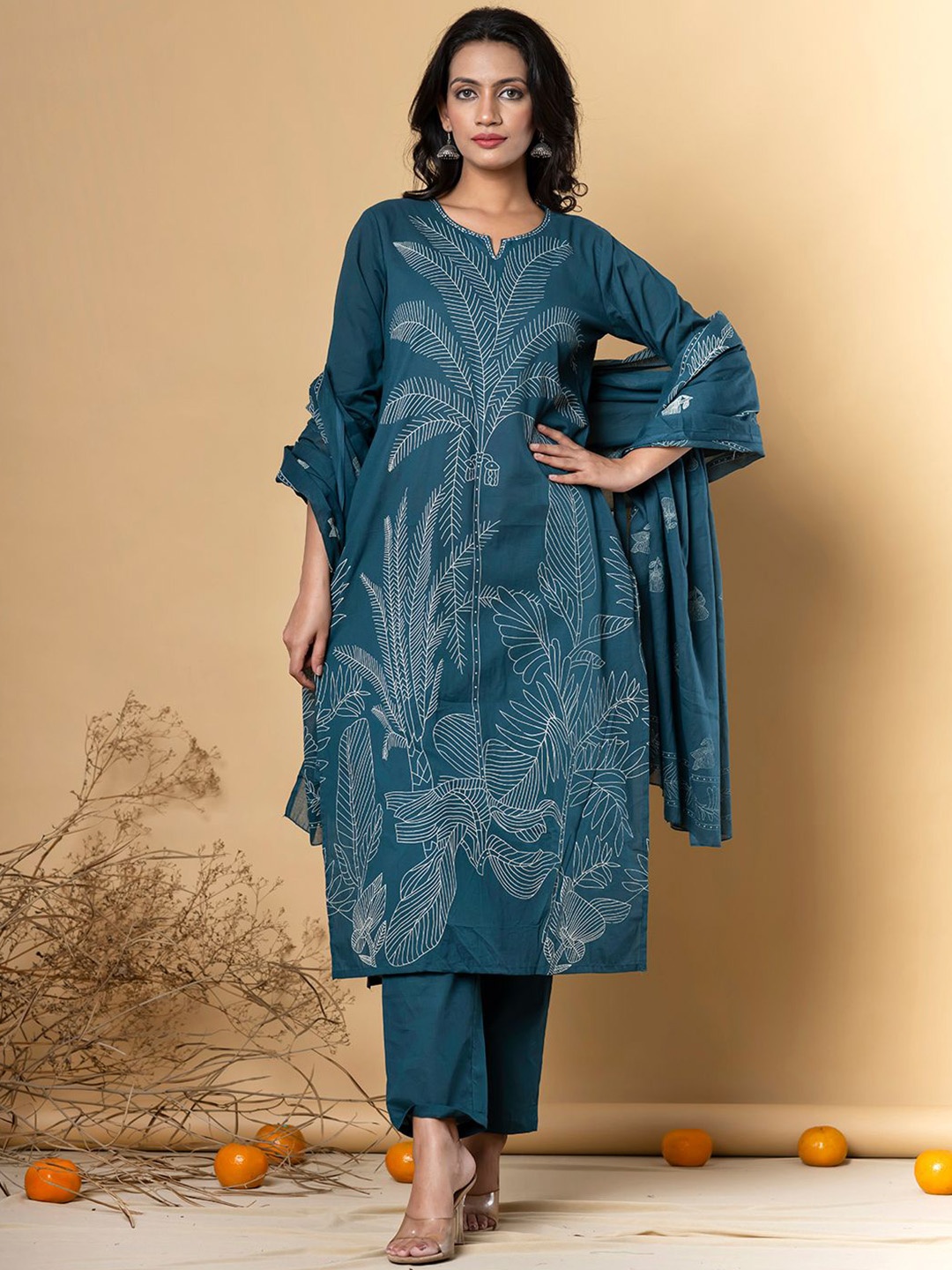 

Readiprint Floral Printed Notch-Neck Pure Cotton Kurta With Trousers And Dupatta, Teal