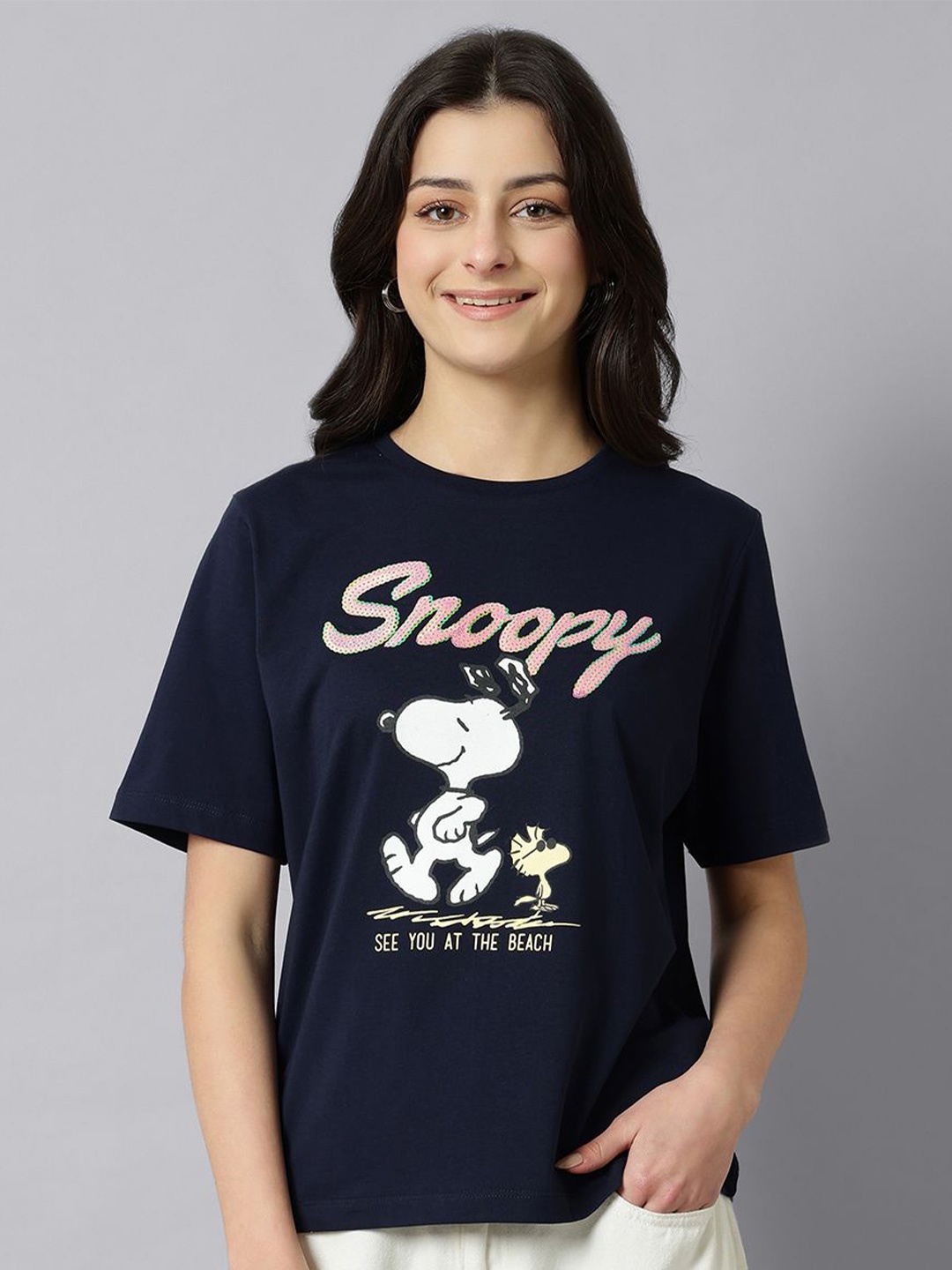 

Free Authority Women Snoopy Graphic Printed Round Neck Cotton T-shirt, Navy blue