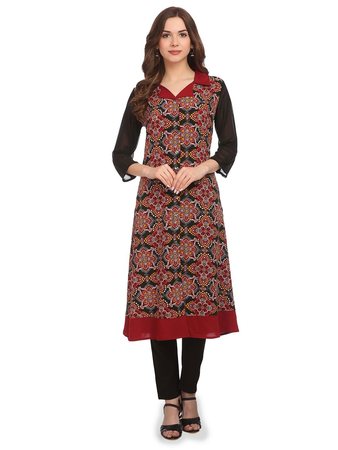 

VEGAL Floral Printed Shirt Collar Straight Kurta, Red