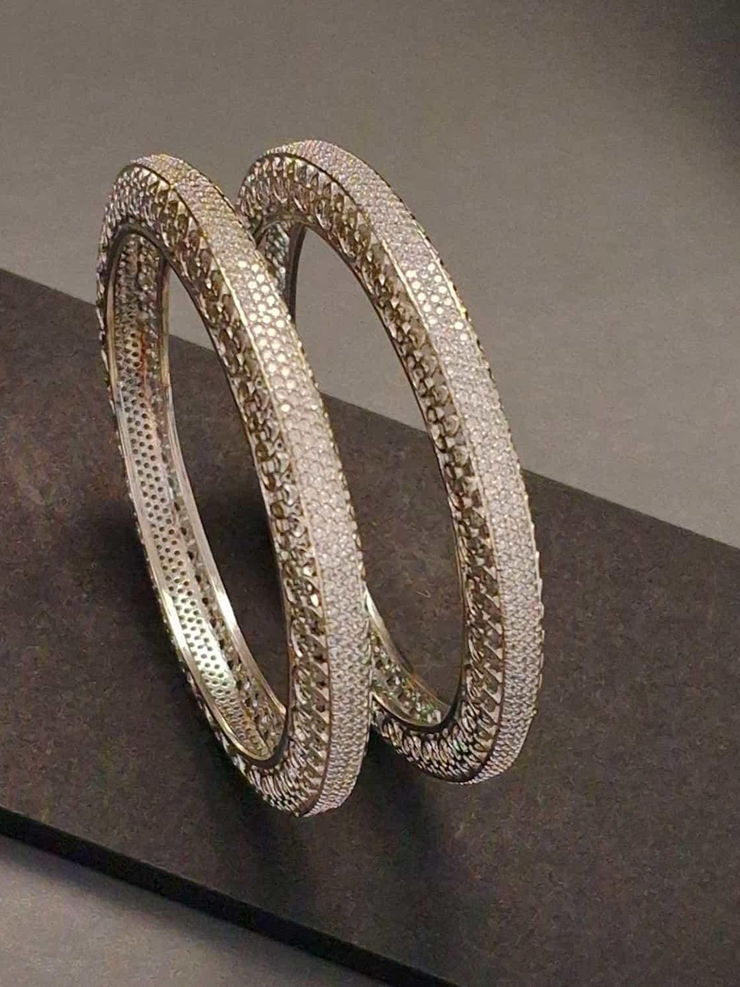 

Zevarly Set Of 2 Silver-Plated American Diamond Stone-Studded Antique Bangles