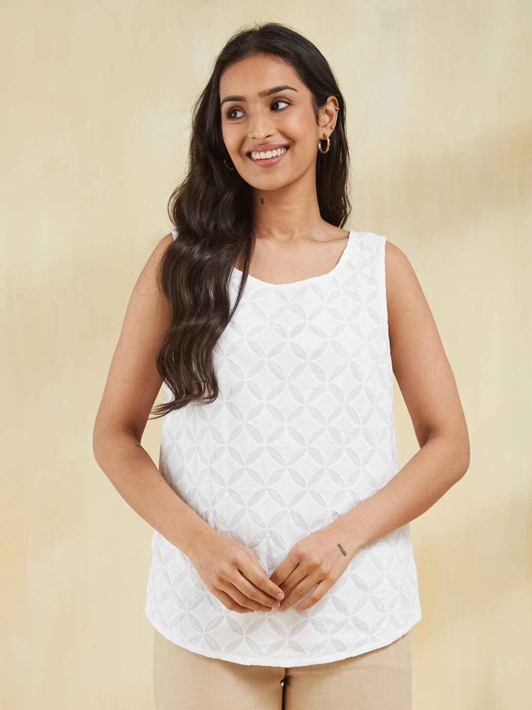 

Fabindia Women Self Design Cotton Sleeveless Top, White