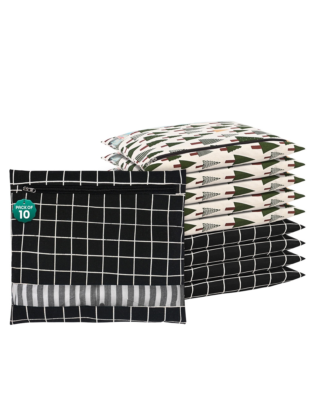 

Kuber Industries Black & Green 10 Pieces Checked Mesh Cotton Clothes Storage Organisers