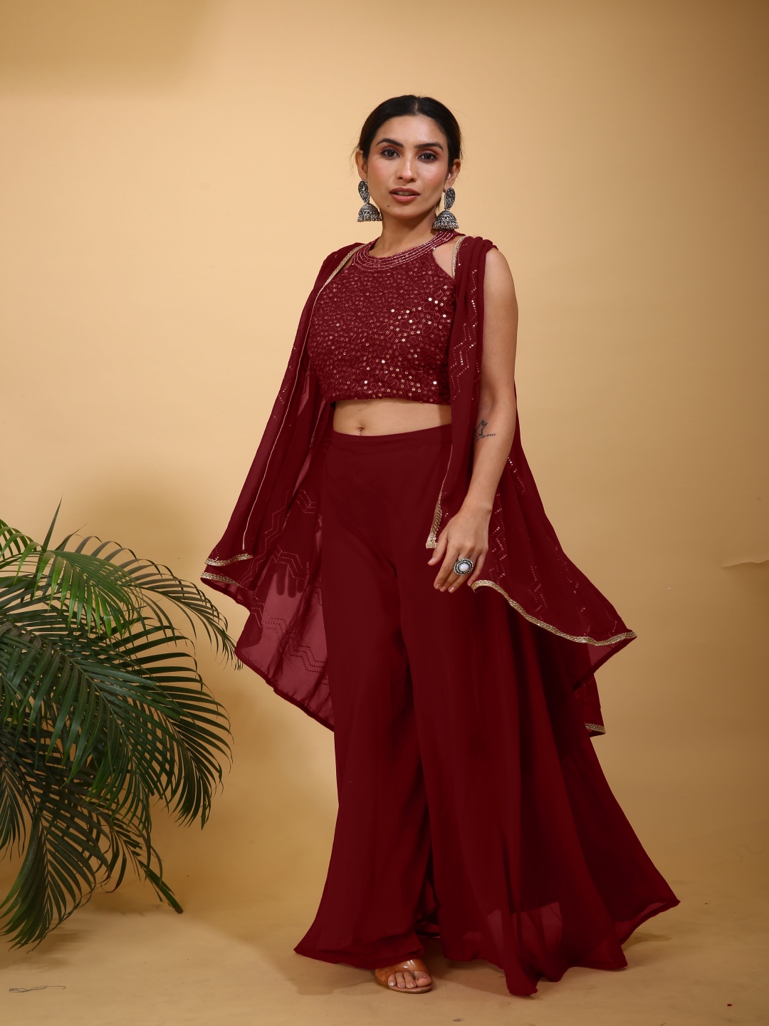 

SANCIA Geometric Embroidered Halter Neck Sequinned Crop Top With Palazzos & Dupatta, Maroon