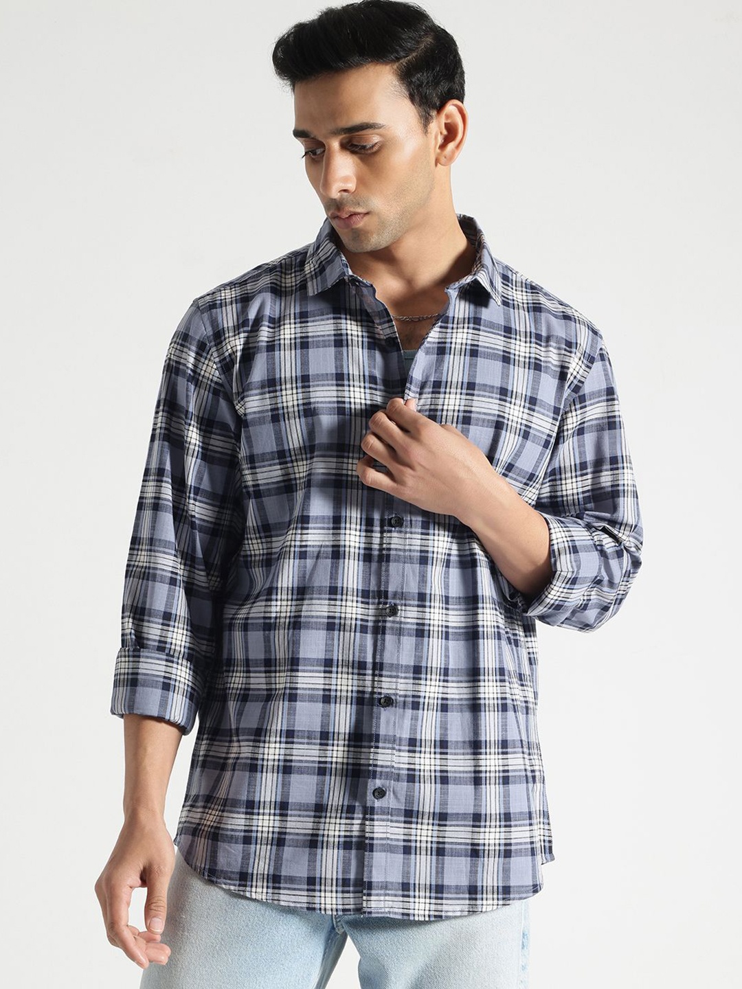 

Code 61 Men Standard Slim Fit Shepherd Checks Opaque Checked Casual Shirt, Blue