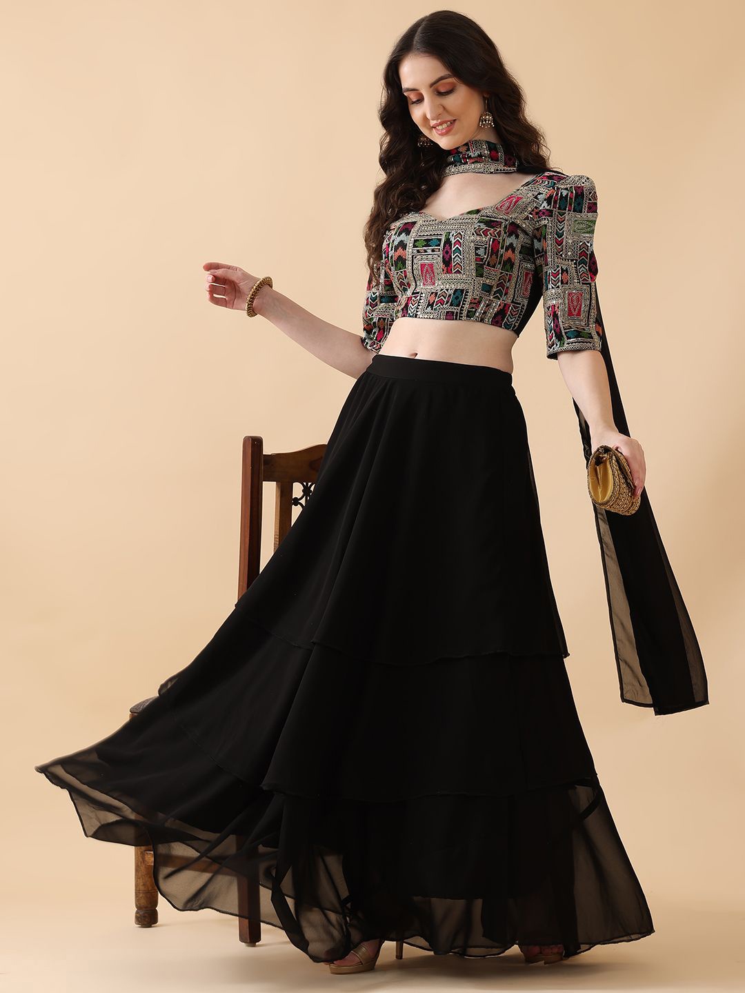 

Kinjo Embroidered Thread Work Ready to Wear Lehenga & Blouse With Dupatta, Black