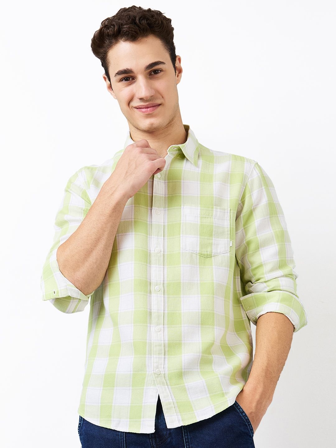 

SPYKAR Men Slim Fit Spread Collar Buffalo Checked Cotton Casual Shirt, Green