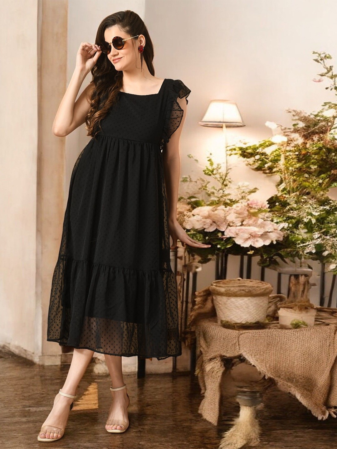 

IUGA Flutter Sleeve Fit & Flare Cotton Midi Dress, Black