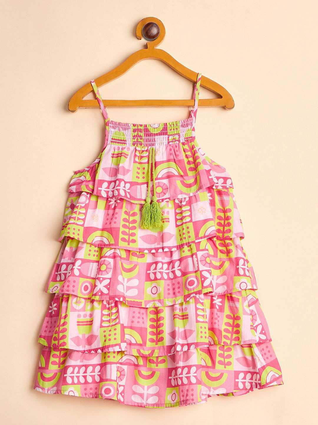 

Stylo Bug Girls Printed Layered Cotton A-Line Dress, Pink