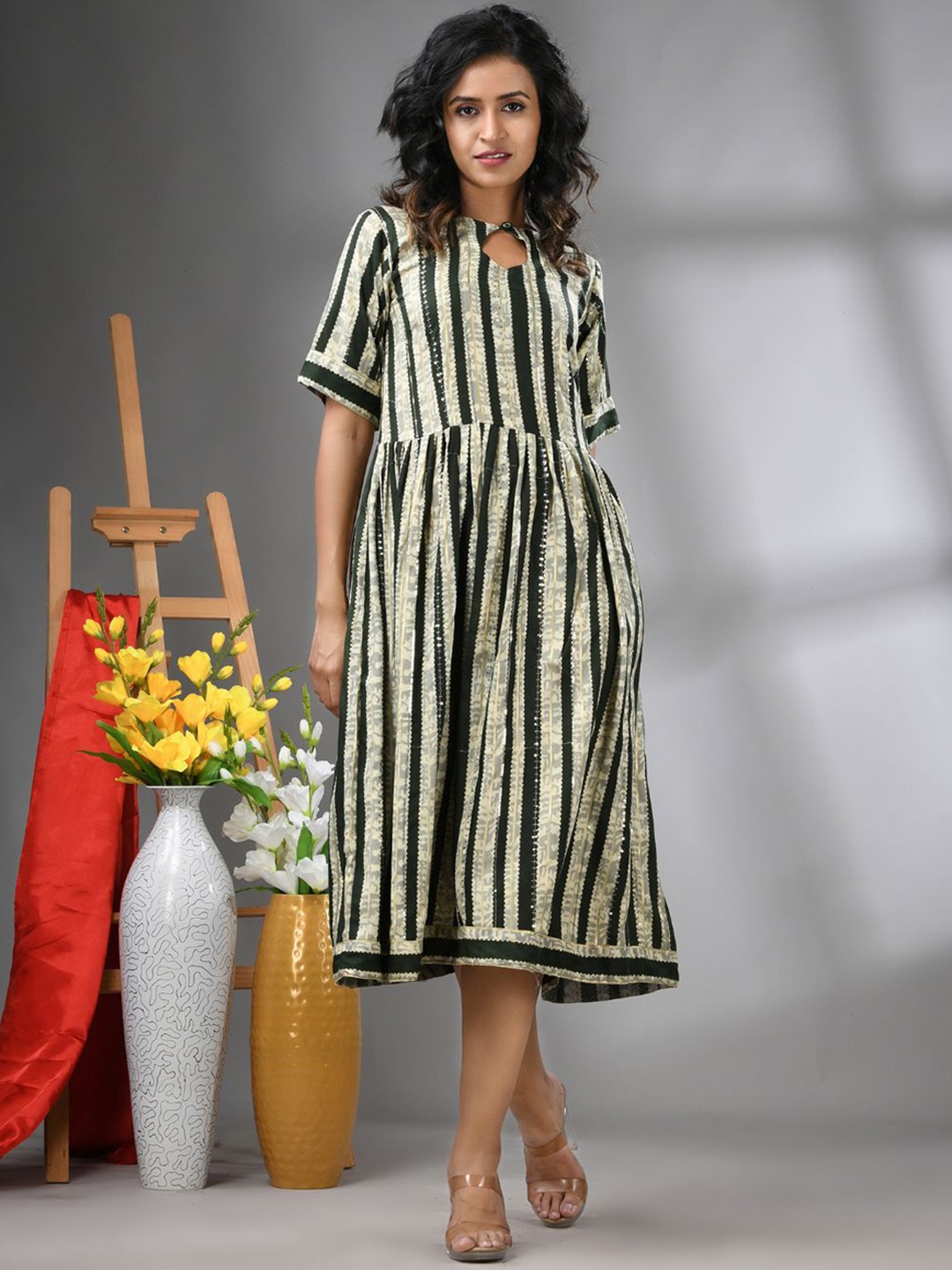 

Charukriti Striped Midi Dress With Sequence Work, Green
