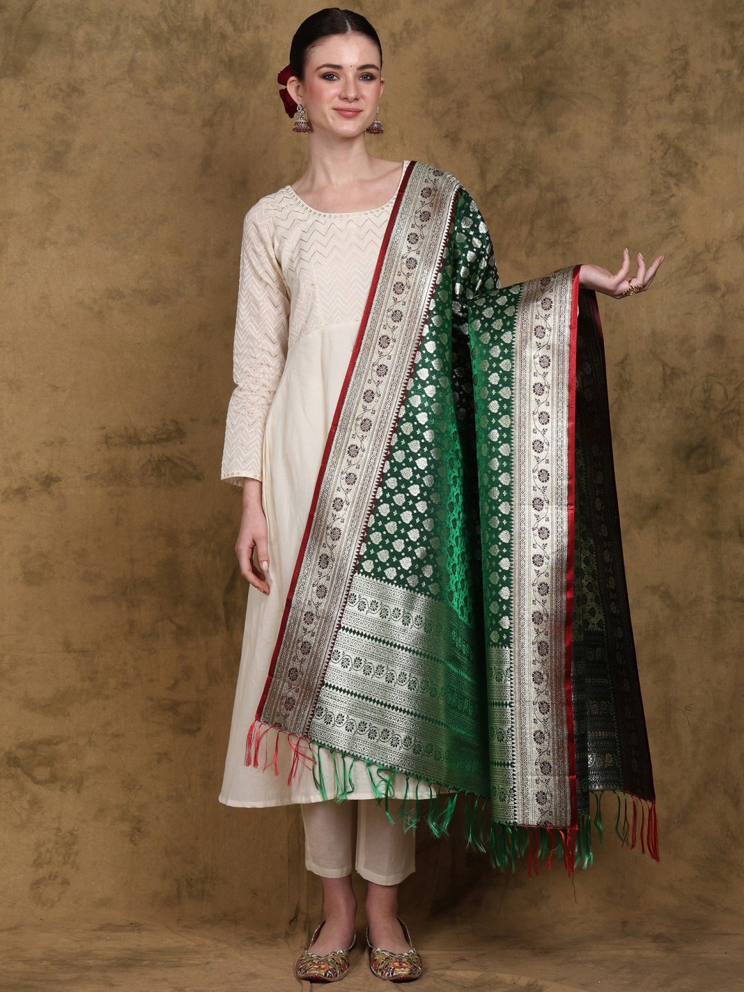 

Exotic India Floral Woven Design Dupatta With Zari, Green