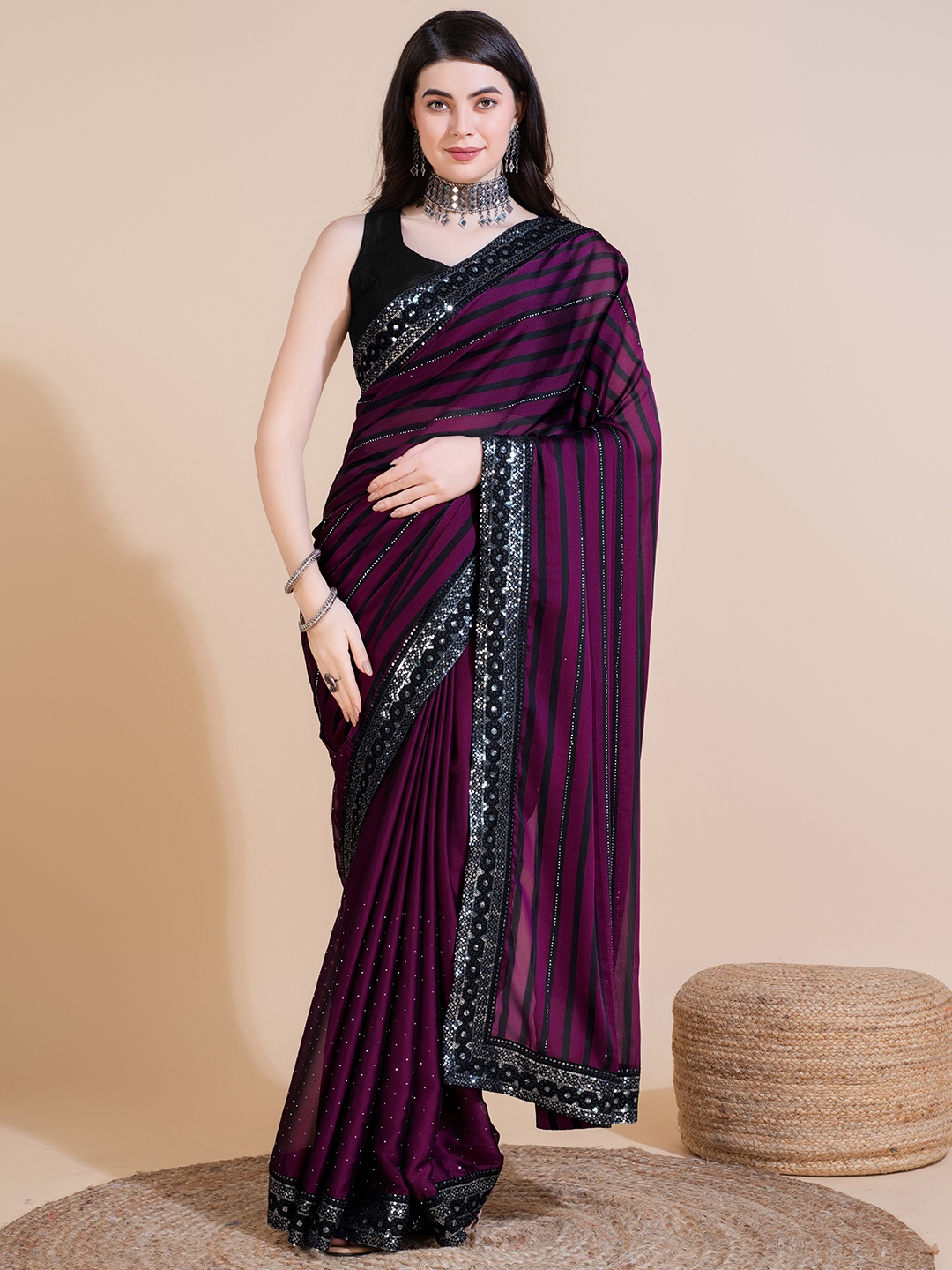 

Panzora Striped Sequinned Silk Blend Saree, Purple