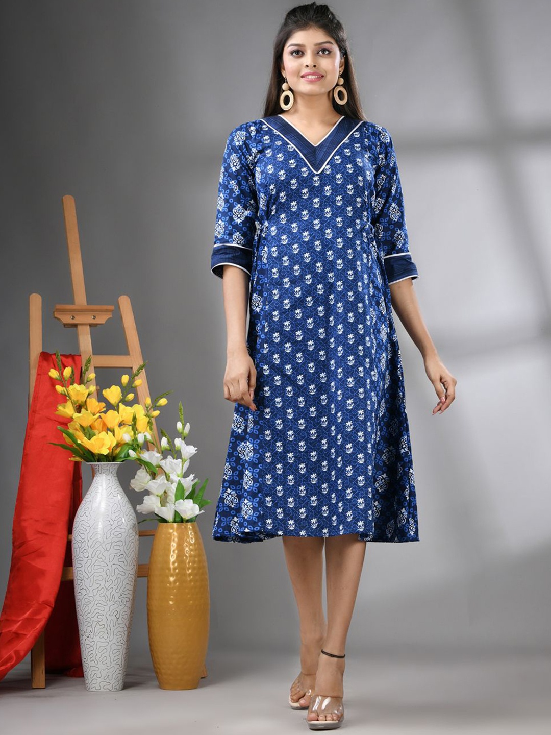 

Charukriti Cotton Printed A-line Ethnic Dress, Navy blue