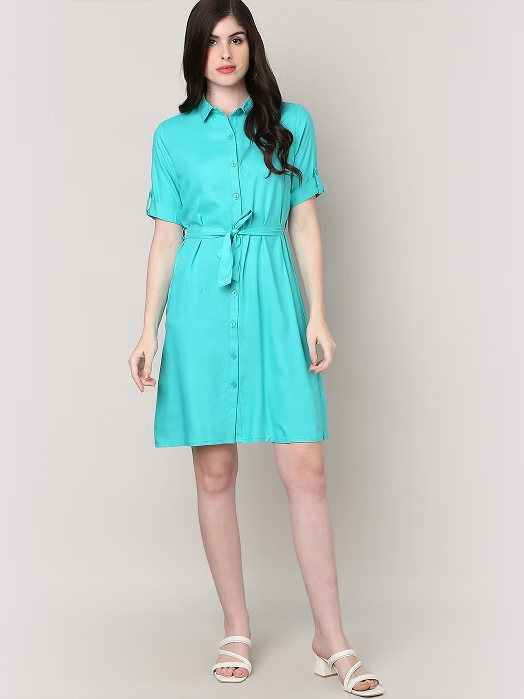 

SAKURA Women Shirt Dress With Waist Tie-Up, Sea green