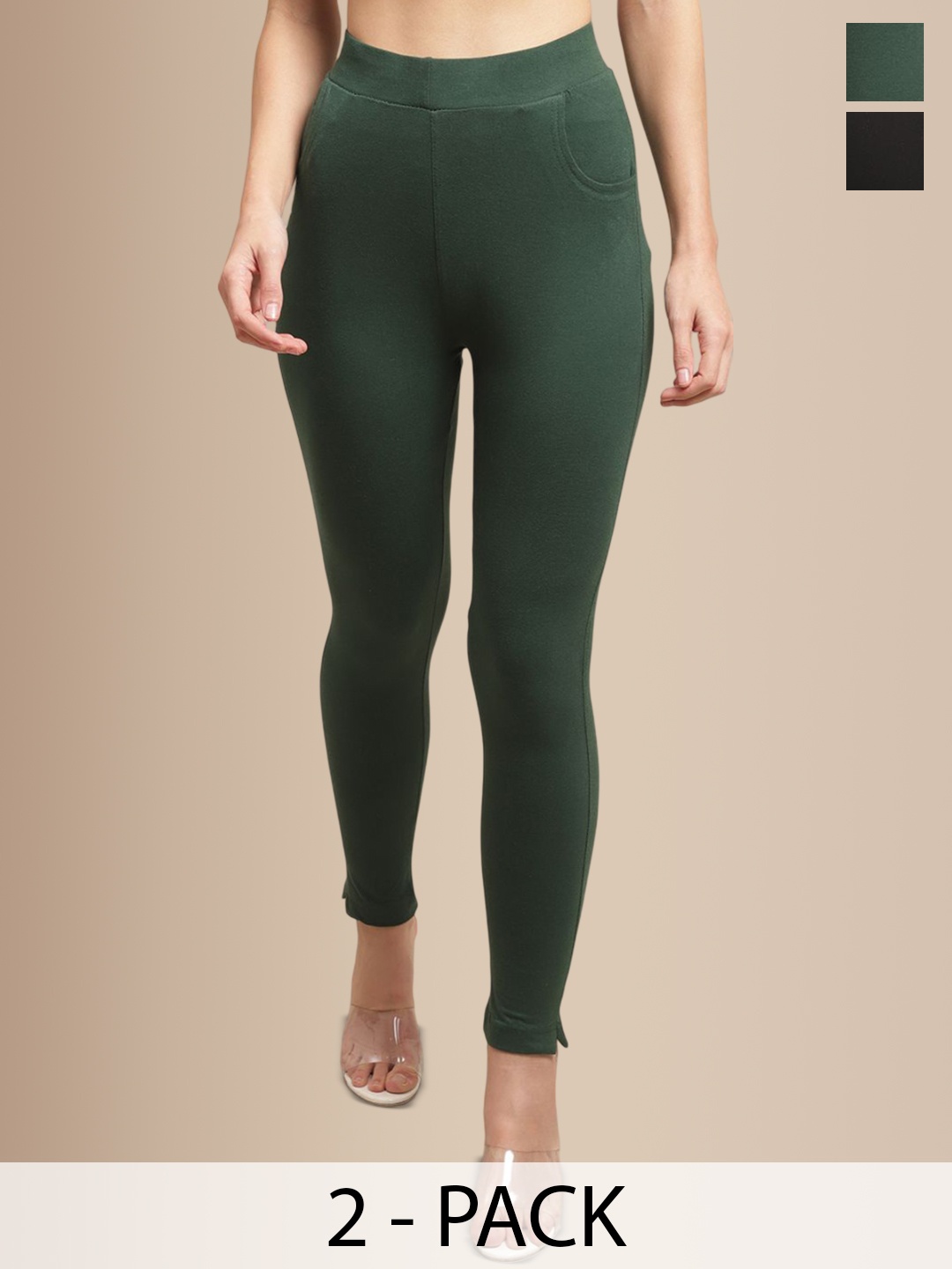 

Valles365 by S.C. Pack Of 2 Women Cotton Ankle-Length Leggings, Black