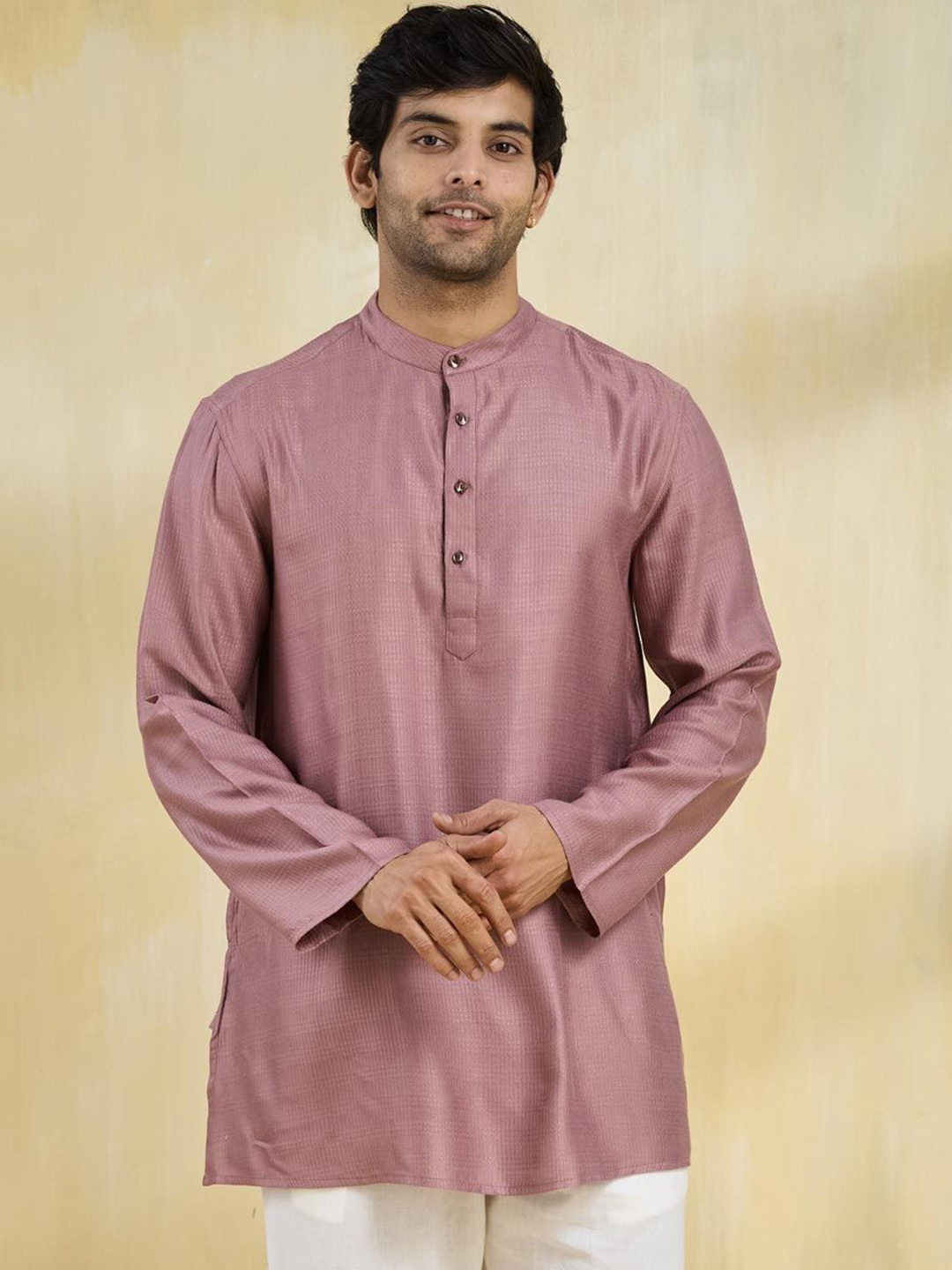 

Fabindia Woven Design Band Collar Straight Kurta, Purple
