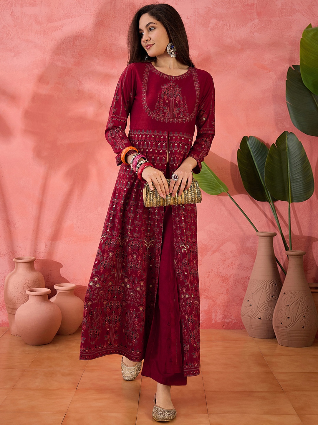 

Sangria Maroon Ethnic Motifs Printed Sequinned A-Line Kurta Wih Trouser