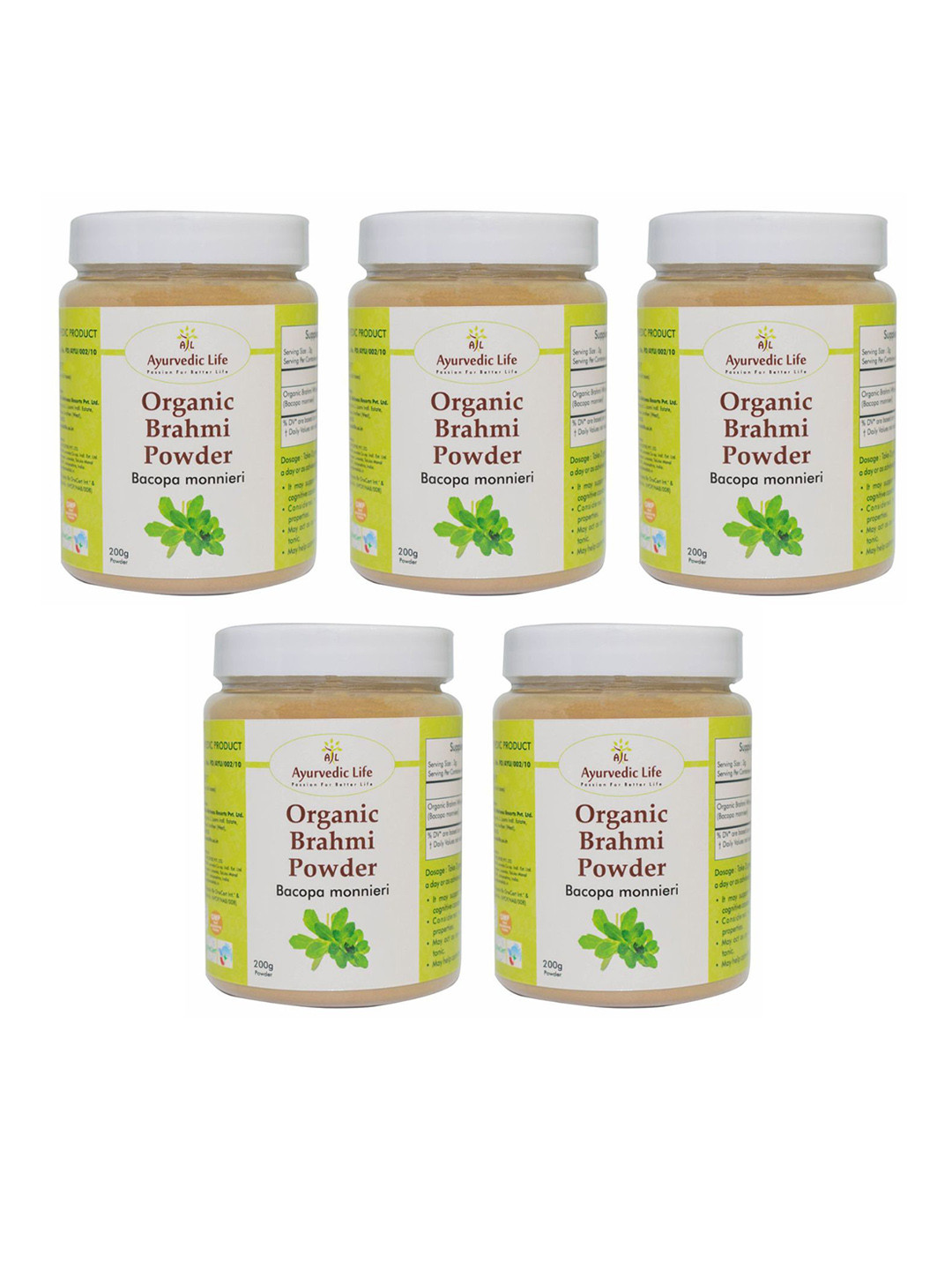 

Ayurvedic Life Set Of 5 Organic Brahmi Powder - 200 g Each, White