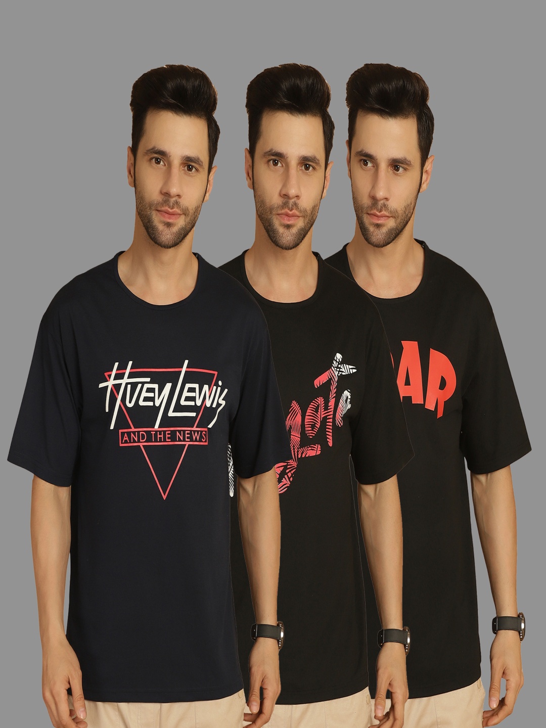 

VIMAL JONNEY Men Pack Of 3 Typography Printed Round Neck Cotton Oversized T-shirts, Multi