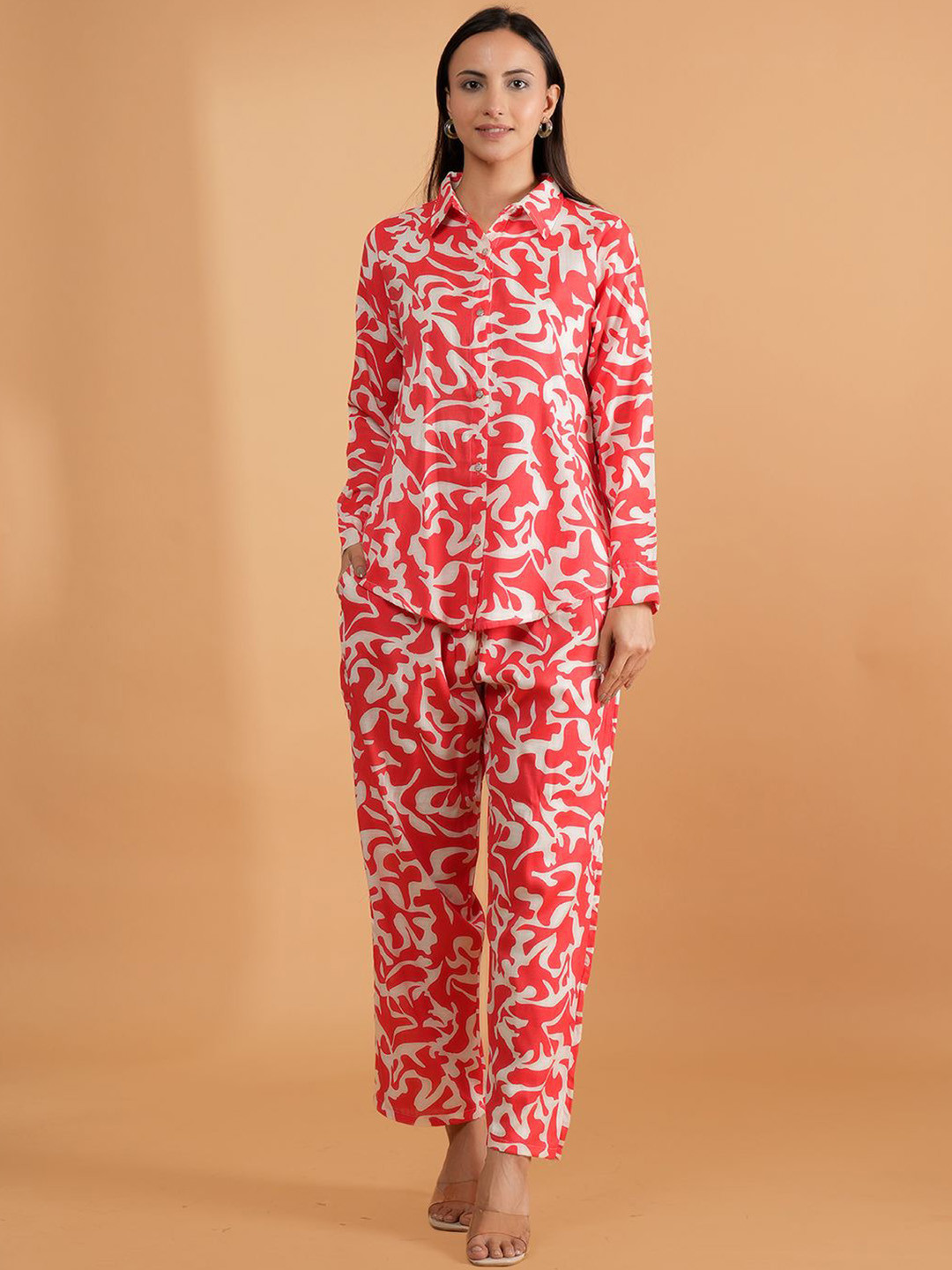 

BAESD Printed Shirt Collar Shirt With Trouser, Red