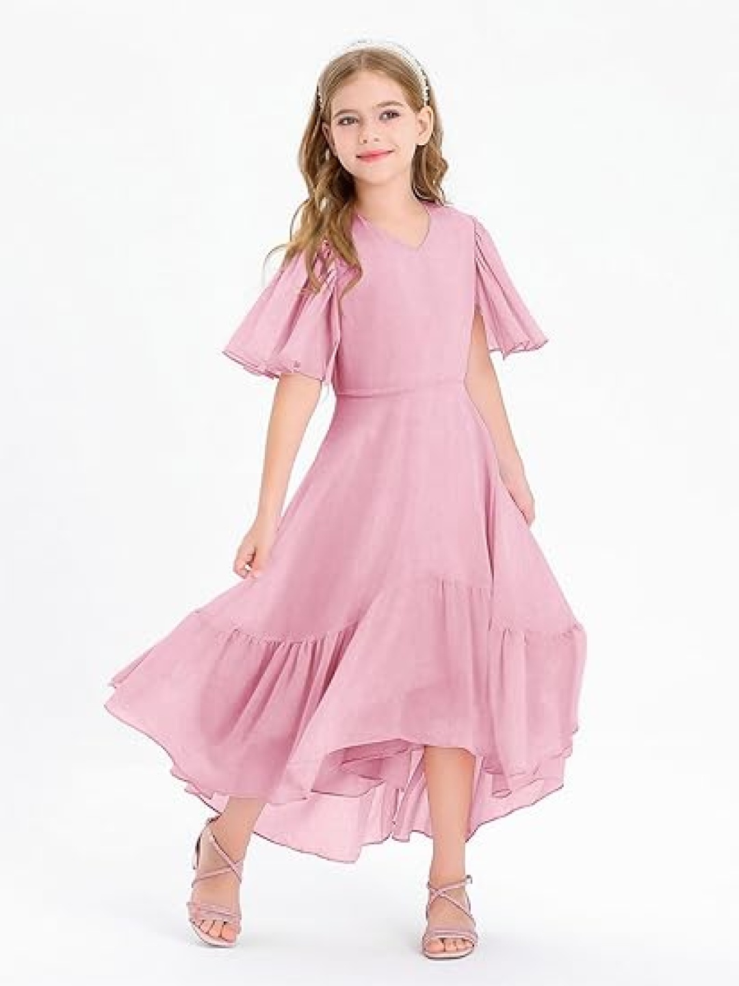 

R Cube Puff Sleeve Ruffled Georgette Fit & Flare Dress, Pink