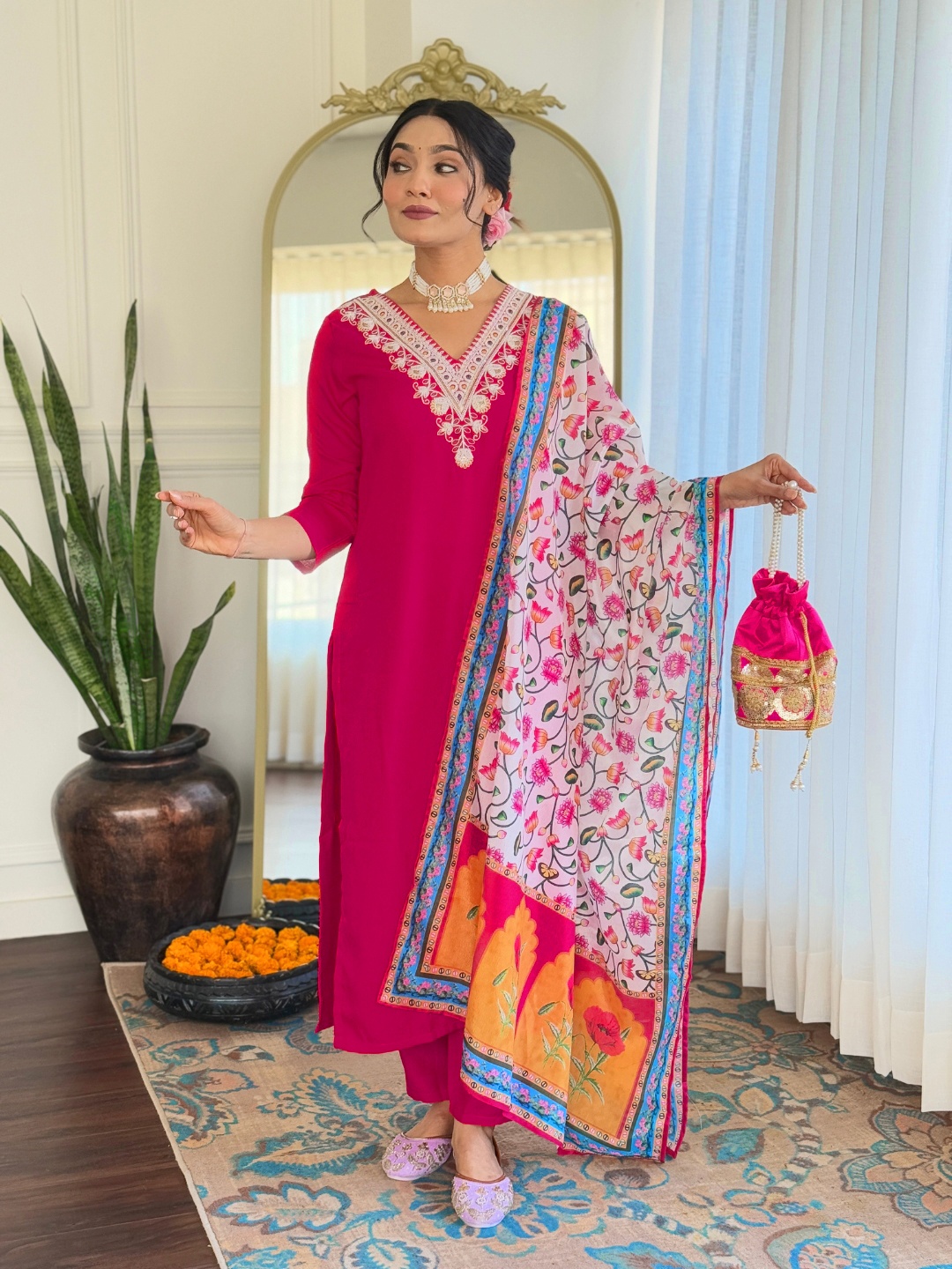 

KALINI Floral Embroidered V-Neck Thread Work Straight Kurta With Trousers And Dupatta, Pink