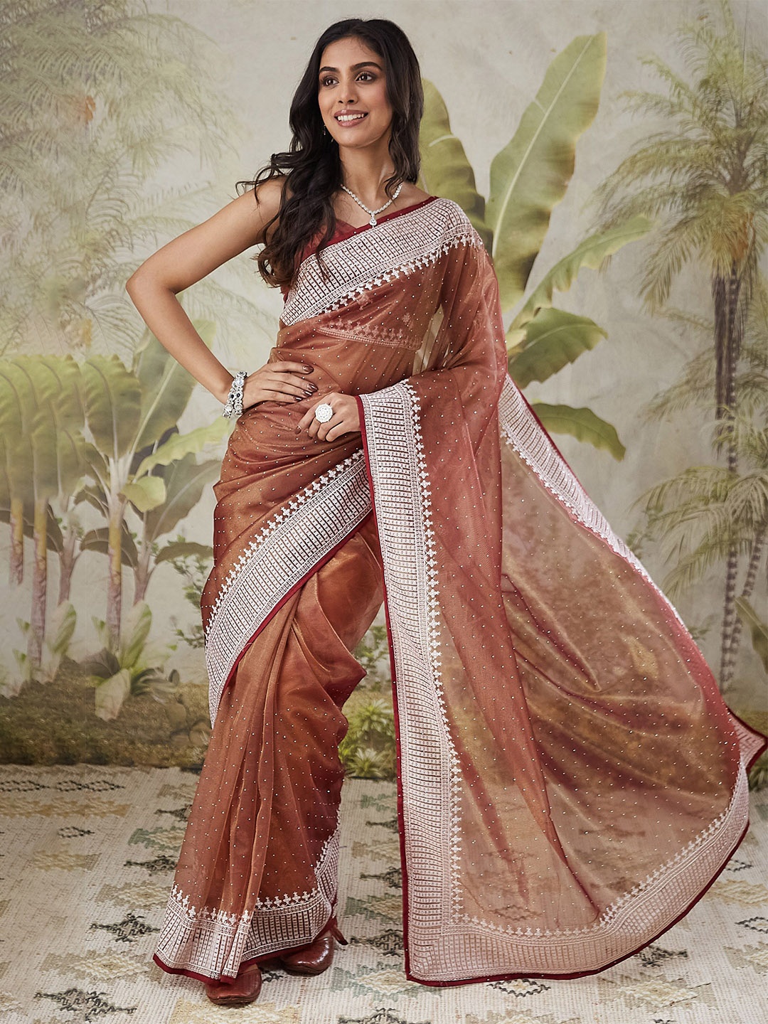 

RACHNA Embellished Embroidered Saree, Brown