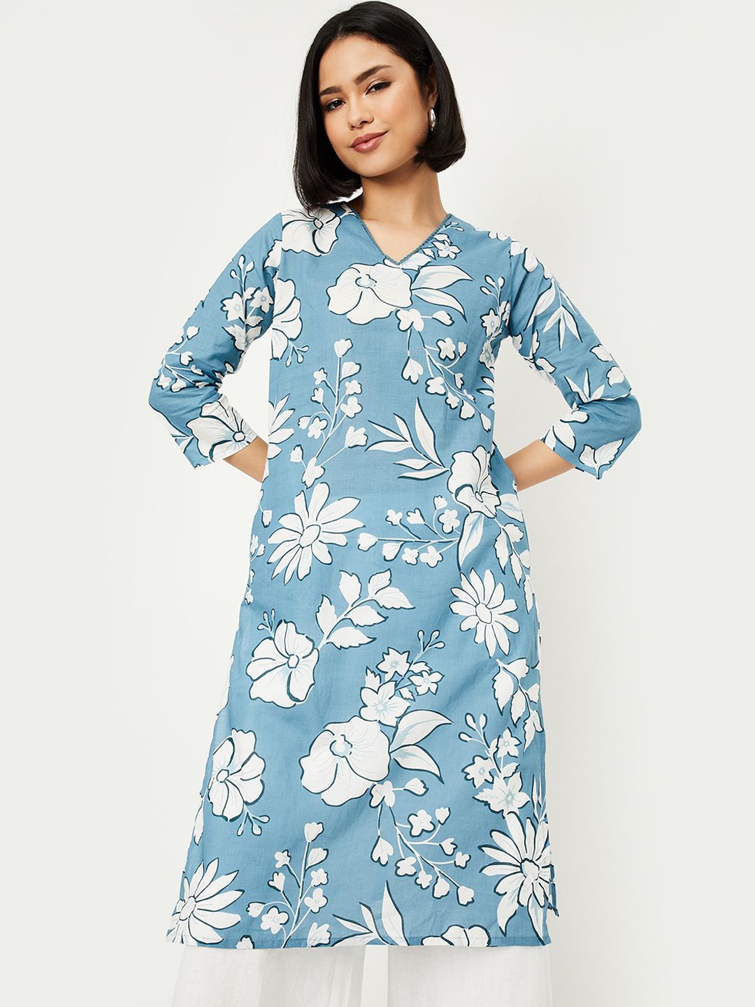 

max Floral Printed V-Neck Cotton Cambric Straight Kurta, Blue
