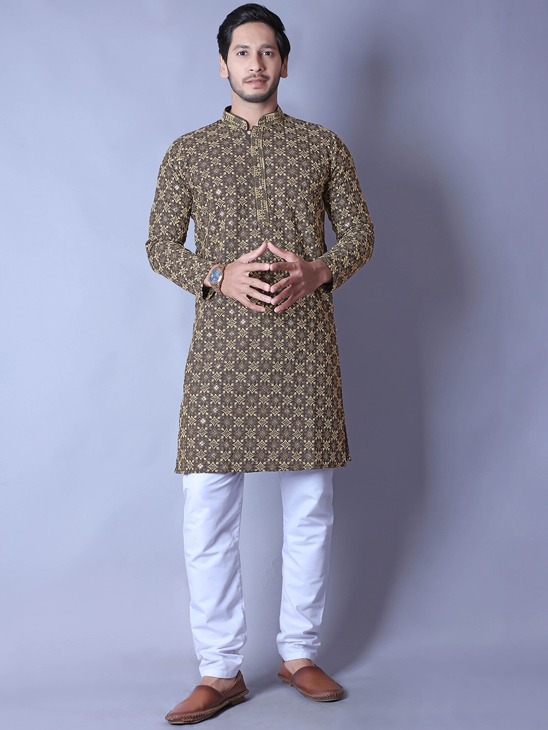 

ALMORA Men Ethnic Motifs Embroidered Chikankari Mandarin Collar Cotton Straight Kurta, Brown