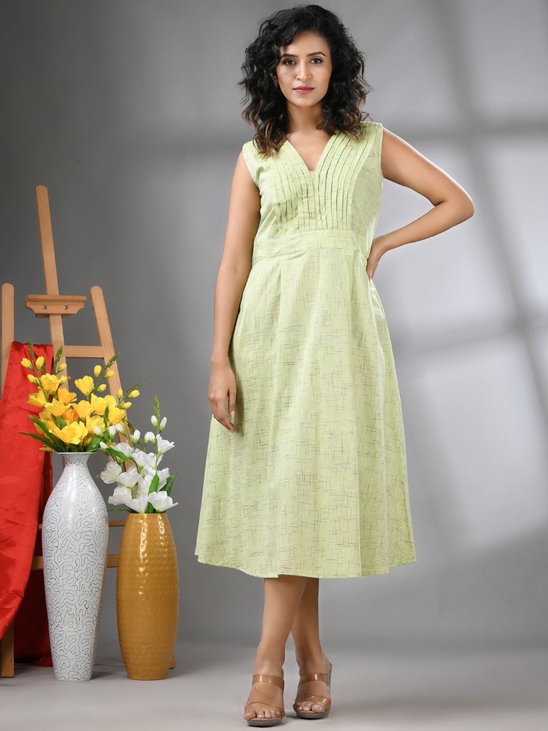 

Charukriti Printed Cotton Fit & Flared Midi Ethnic Dresses, Green